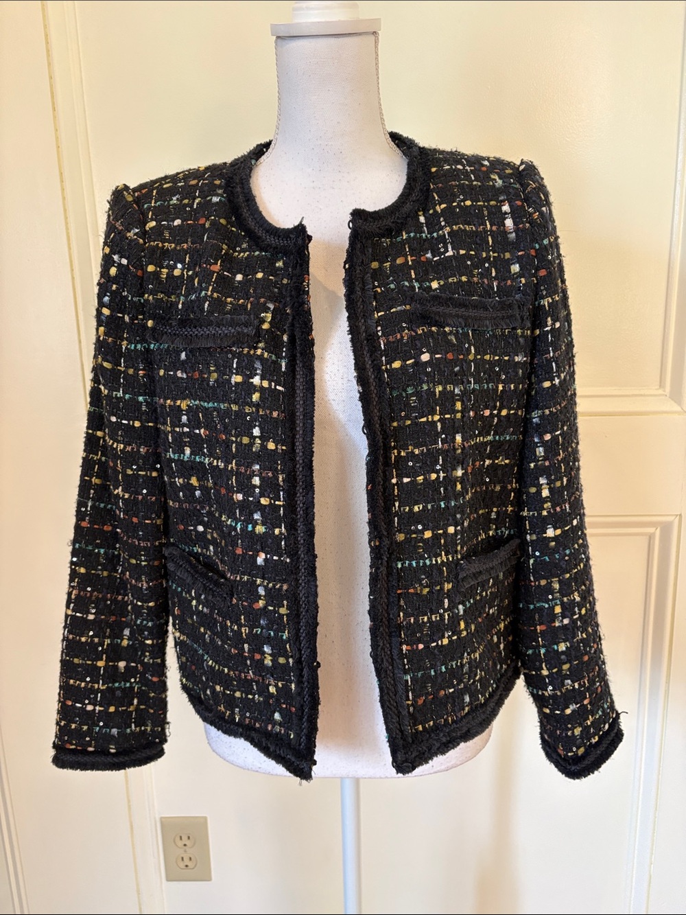 Tahari Black Tweed Open-Front Jacket with Multicolor Flecks